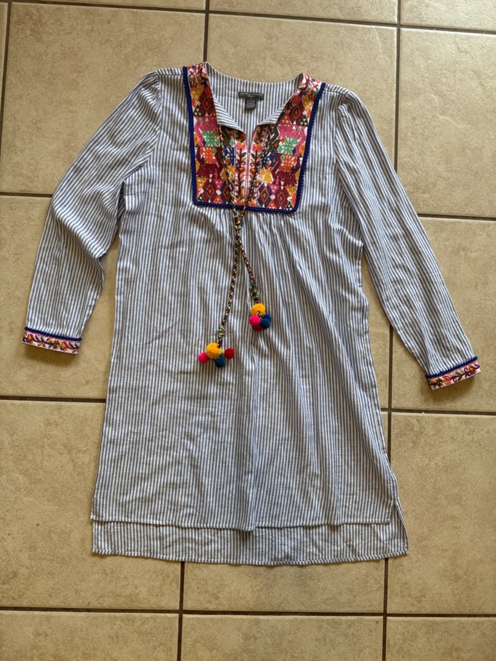 Striped Embroidered Boho Tunic Dress with Pom Tassels - Blue & Multicolor - Picture 2 of 8